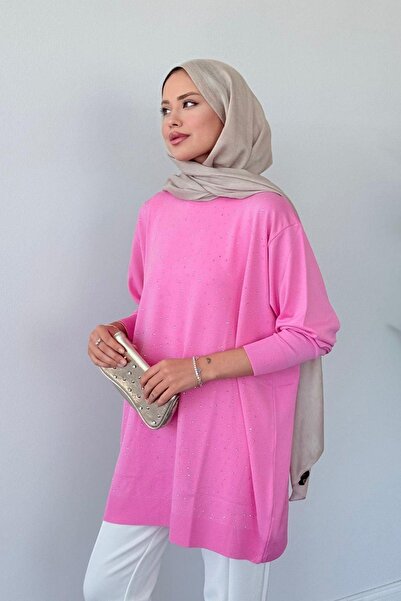HAZA MODA Movi Taşlı Merserize Tunik Pembe
