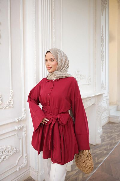 Nergis Neva Butik Half Patched Waist Tie Side Zipper Tunic