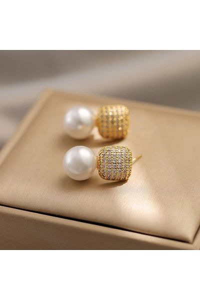 REBORN DESIGN Gold Color Zircon Stone Square Model Pearl Women's Earrings