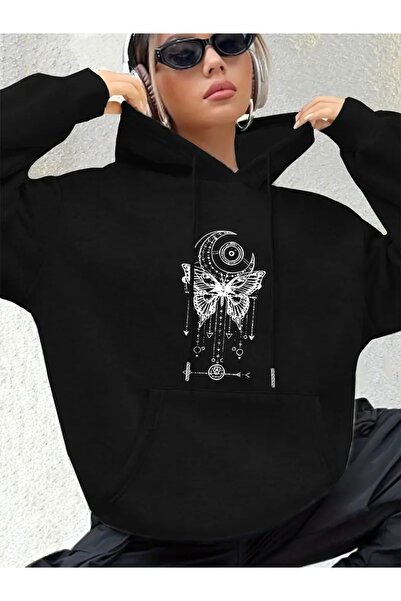 FUFLUNS سويت شيرت بقلنسوة كبير الحجم للجنسين مطبوع عليه فراشة وقمر