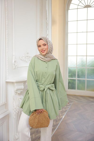 Nergis Neva Butik Half Patched Waist Tie Side Zipper Tunic