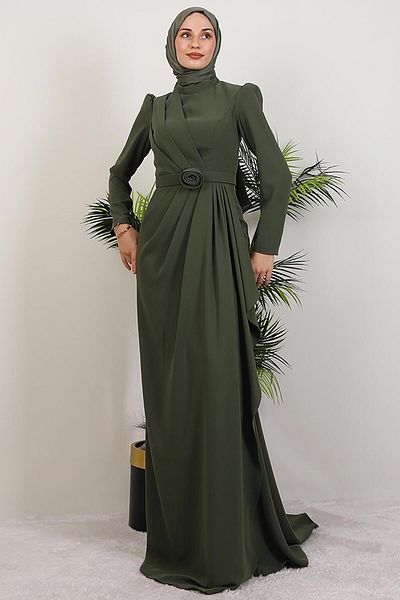 GİYZAMİLA Venessa Crepe Evening Dress Khaki
