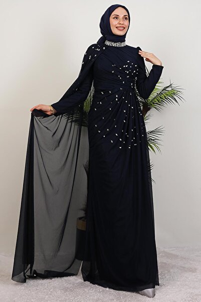 GİYZAMİLA Asrın Boncuk Abiye Lacivert