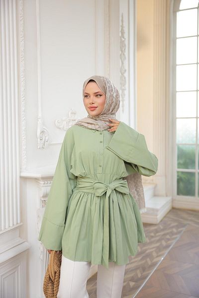 Nergis Neva Butik Half Patched Waist Tie Side Zipper Tunic