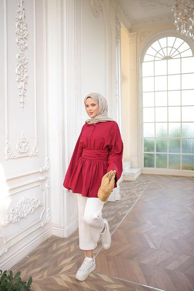 Nergis Neva Butik Half Patched Waist Tie Side Zipper Tunic