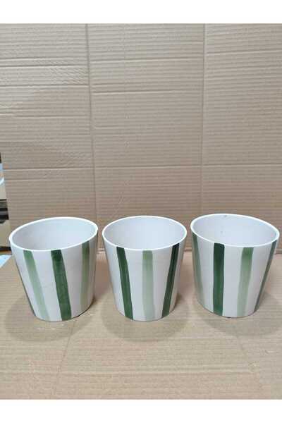 Dara Art yeşil çizgili 3lü orkide saksı