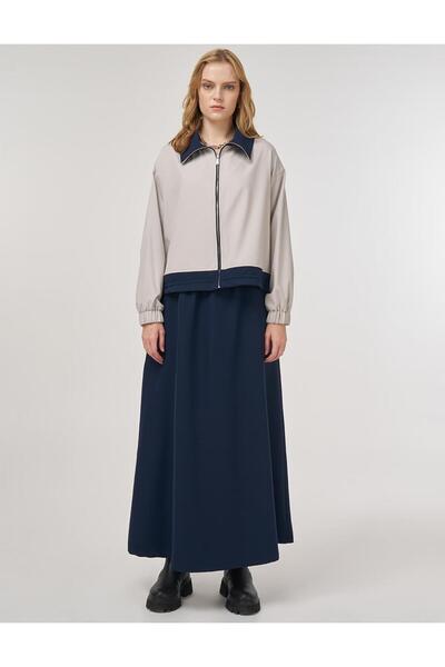 Kayra Color Block Skirt Suit Dark Navy Blue