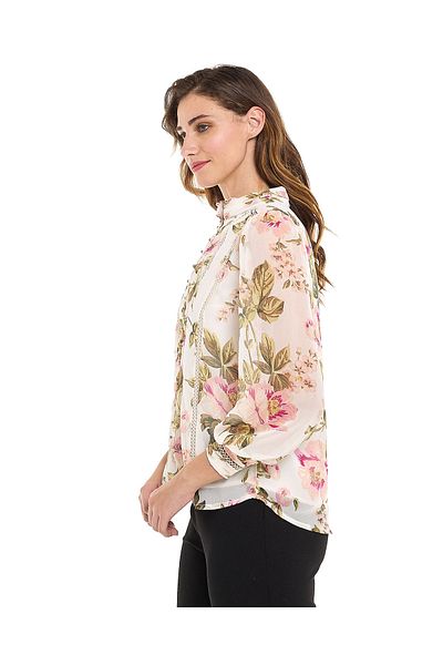 R&B Floral Print Top with High Neck and Bishop Sleeves