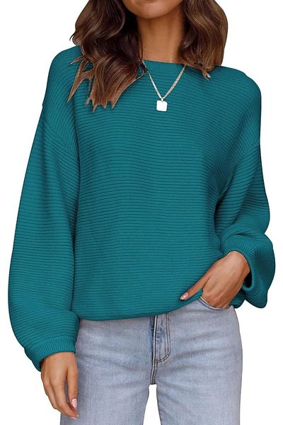 ZESICA Women's Crew Neck Long Lantern Sleeve Fall Casual Loose Ribbed Knit Solid Soft Pullover Sweater- XL