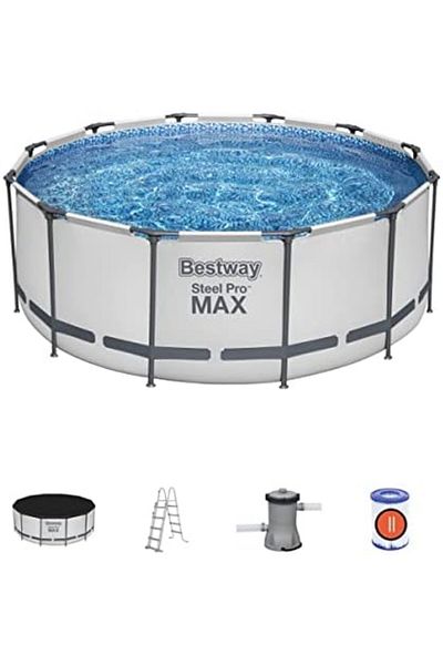 BESTWAY Steel ProMAX Round Frame Swimming Pool with Filter Pump, Above Ground Frame Pools, Grey, 12f