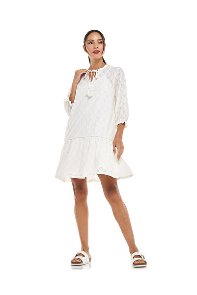 R&B Schiffli Mini Dress with Tie-Up Neck and 3/4 Sleeves
