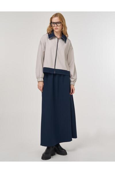 Kayra Color Block Skirt Suit Dark Navy Blue
