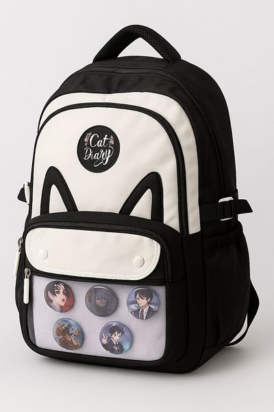 max point Black and White Anime Badge School and Daily Backpack with Laptop Compartment Four Compartments Waterproof