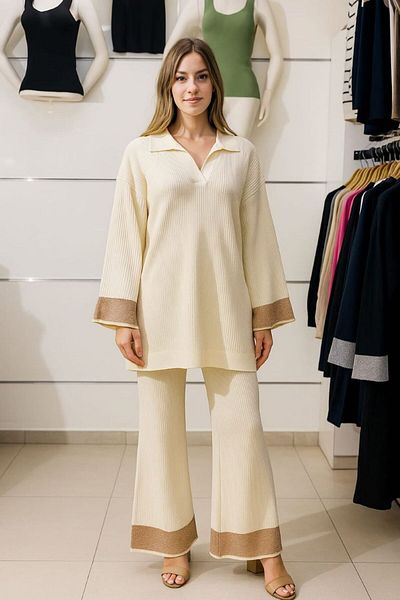 BOZKAYA ÖRME Twill Spanish Legs Silk Detail Polo Collar Bottom Top Set
