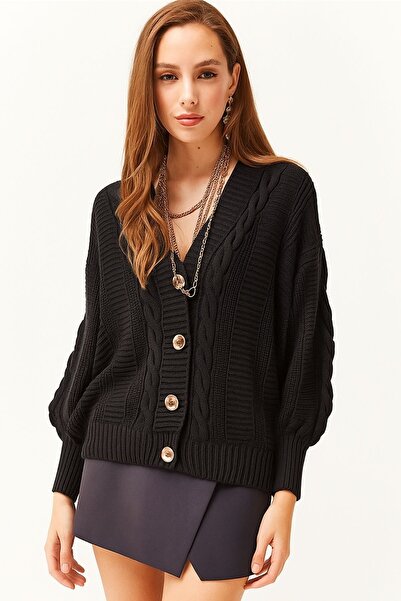 Marvine Women's Black Hair Braided Patterned 4 Button Knitwear Cardigan