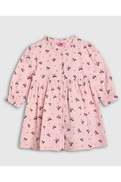 R&B Printed Flared Dress with Round Neck and Long Sleeves