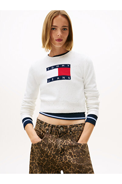 Tommy Hilfiger Tommy Hilfiger Women Ancient White Crew Neck Sparkle Flag Pullover Sweater