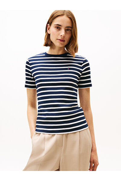 Tommy Hilfiger Tommy Hilfiger Women Dark Night Navy/ Ecru Stp Short Sleeve Crew Neck New Slim Cody T-Shirt