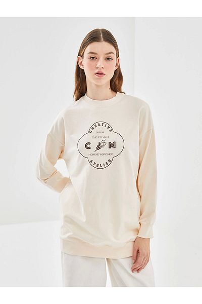 LC Waikiki Lcw Modest Ecru Crew Neck Printed Women's Sweatshirt Tunic