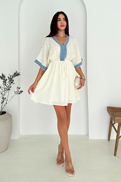 AsprinFashion فستان من الكتان المزين بالجينز