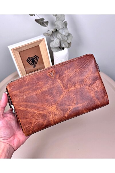 Fil Deri Genuine Leather Combination Zipper Handbag Brown Color 2105