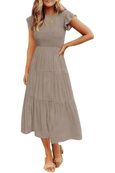 ZESICA Women's Summer Casual Flutter Short Sleeve Crew Neck Smocked Elastic Waist Tiered Midi Dress Khaki-M