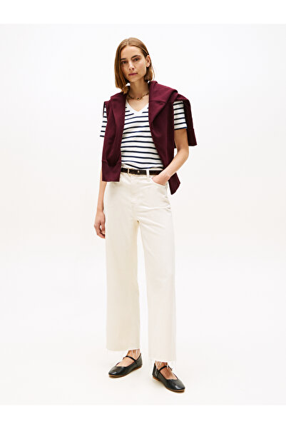 Tommy Hilfiger Tommy Hilfiger Women Breton/ Ecu/ Dark Night Navy Short Sleeve V Neck Slim Cody T-Shirt