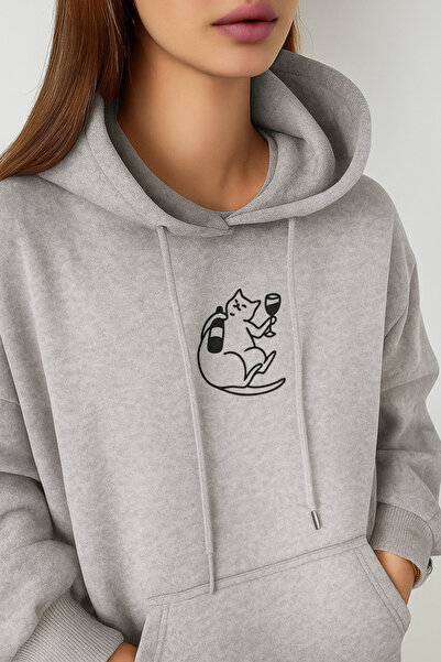 De Carte هودي شتوي مطبوع عليه قطة تحمل كأسًا للنساء باللونين الأسود والرمادي ...