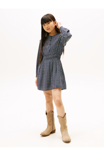 Tommy Hilfiger Tommy Hilfiger Girls Dark Night Navy Aop Smock Waist Dobby Flare Dress