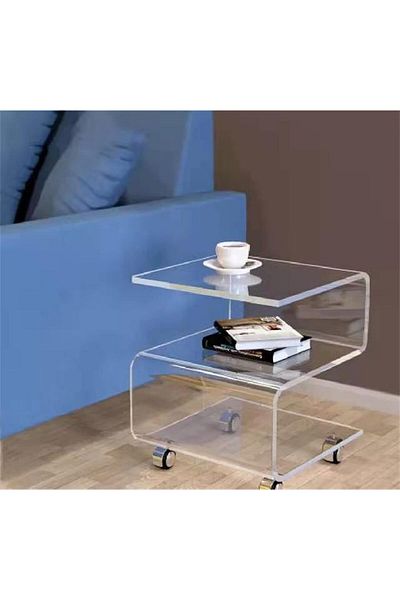Slasa Clear Acrylic Coffee Table Double S-Shaped with Wheels, Transparent Side Table for Living Room