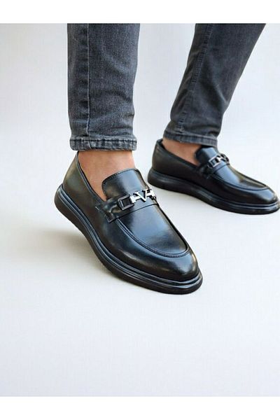 RONX Arves Men's Black Leather Buckle Detailed Loafer Shoes
