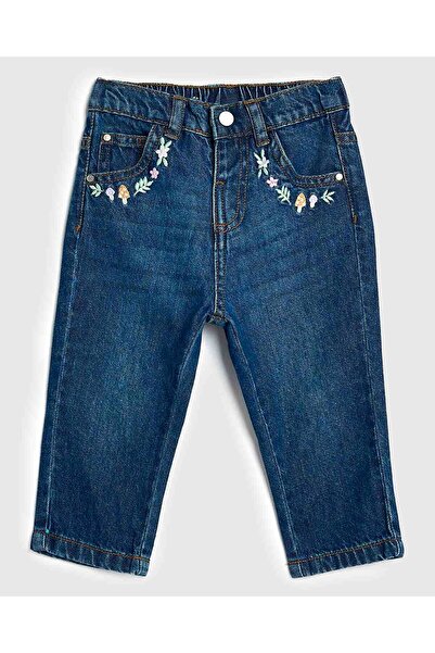 R&B Embroidered Wide Leg Jeans with Button Closure