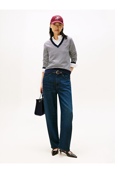 Tommy Hilfiger Tommy Hilfiger Women Bretton Stripe Dark Night Navy V Neck Co Jersey Fine Gg Pullover Sweater