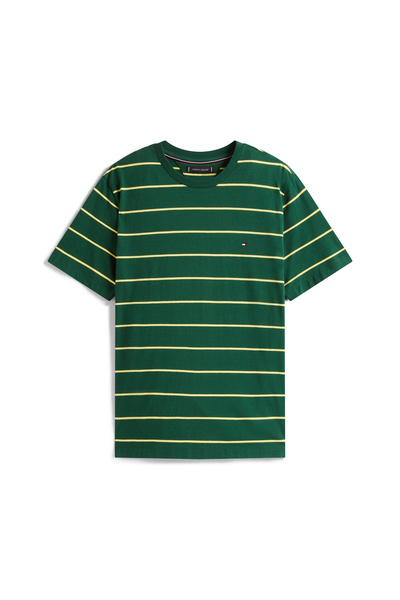 Tommy Hilfiger تي شيرت تومي هيلفيغر للرجال بخطوط خضراء مزخرفة وأكمام قصيرة ورقبة دائرية وقصة عادية