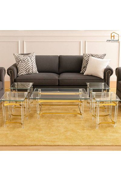 Al Saada Home Acrylic Steel Tables Set - Rectangular - Gold - 4+1 Pieces