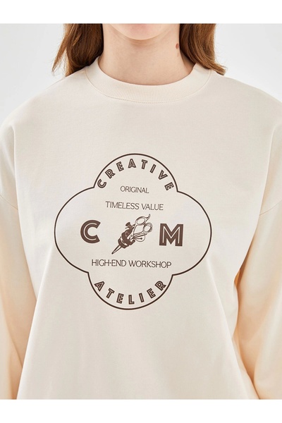 LC Waikiki Γυναικείο φούτερ LCW Modest Ecru Crew Neck με στάμπα
