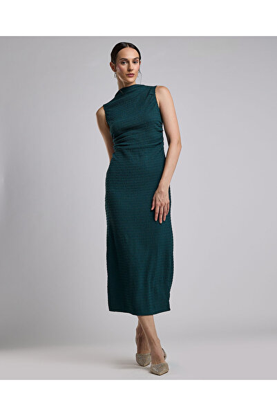 R&B Textured Sleeveless Column Dress with High Neck