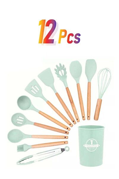 Generic مجموعة أدوات مطبخ سيليكون من 12 قطعة، لون أخضر نعناعي، 12.6×12.6 سم