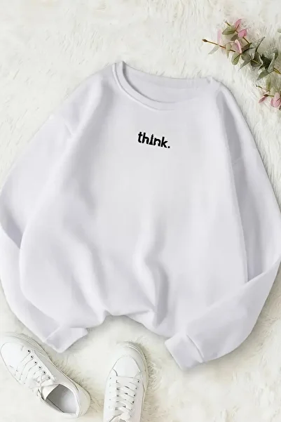 Sweetline Unisex White Minimal Thi̇nk Printed Crew Neck Sweatshirt - Winter Embossed Fabric