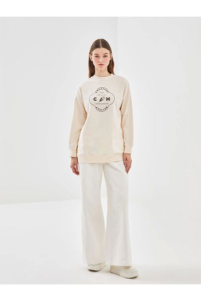 LC Waikiki Lcw Modest Ecru Crew Neck Printed Women's Sweatshirt Tunic