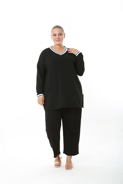 XL Modam Women's Lycra Viscose Collar Striped Black Plus Size Tunic