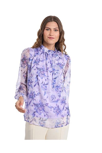 R&B Floral Print Top with Mock Neck and Puff Sleeves