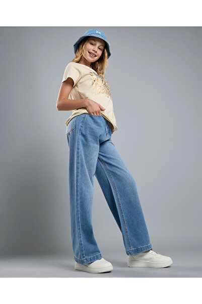 R&B بنطال جينز باهت واسع الساق مع أزرار للإغلاق