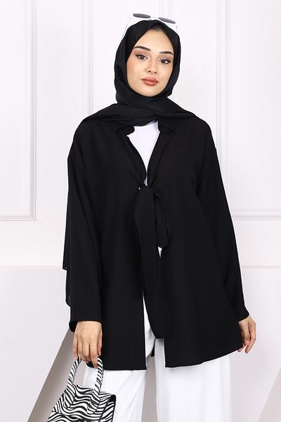 İmajButik Black Front Tie Modal Kimono
