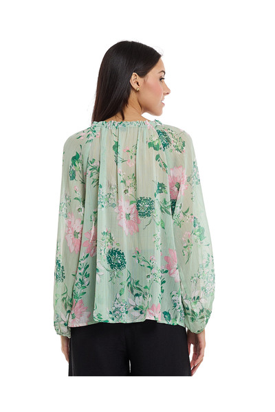 R&B Floral Print Top with Round Neck and Puff Sleeves