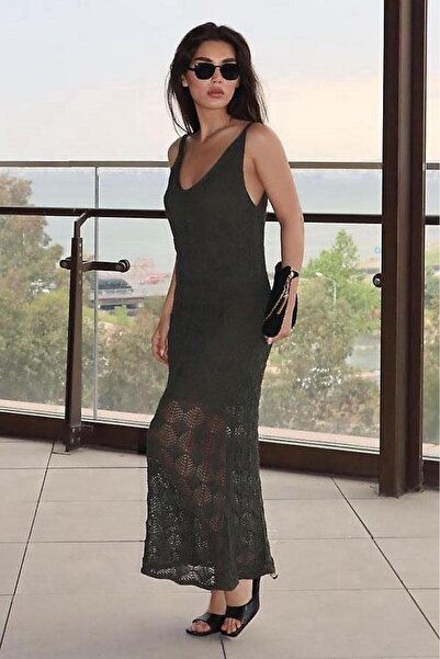 Seeh Χακί Γυναικείο Μακρύ Πλεκτό Φόρεμα με σχέδιο SH284