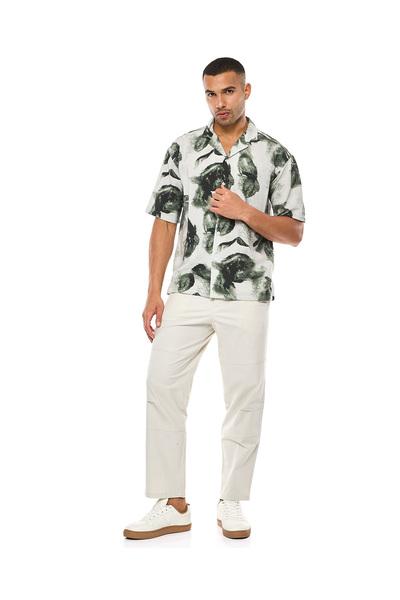 R&B Printed Shirt with Revere Collar and Short Sleeves