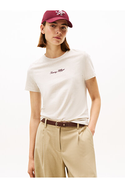 Tommy Hilfiger Tommy Hilfiger Women Heather Oatmilk Short Sleeve Crew Neck Classic Script Regular Fit T-Shirt