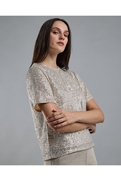 R&B Sequins Top with Crew Neck and Short Sleeves