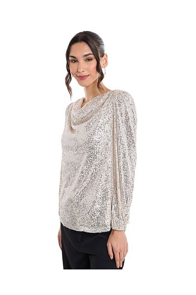 R&B Sequined Top with Cowl Neck and Long Sleeves